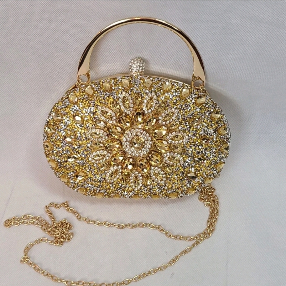 NEW RAMLA Gold Rhinestone Luxury Prom Wedding Gala Handle & Chain Clutch Purse